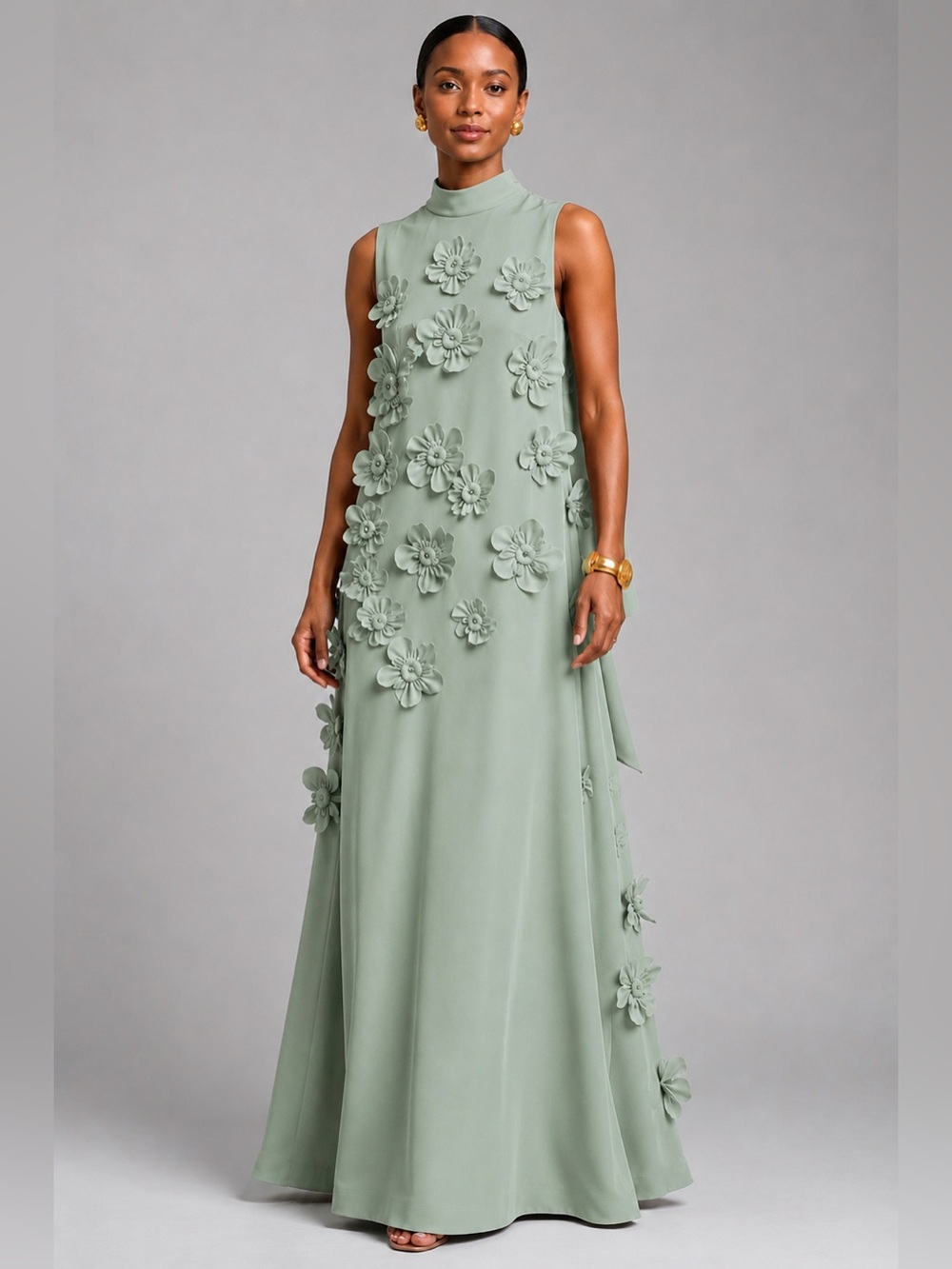 NWT Vibrant 3D Floral Appliqués  Sage Mint Boutique Sleeveless Maxi Dress 4 ,2
